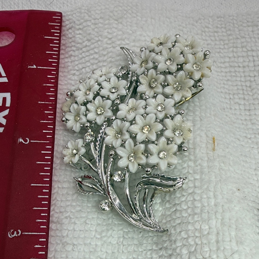 Silver-Tone Linder White Enamel Floral Cluster Brooch With Crystal Accents